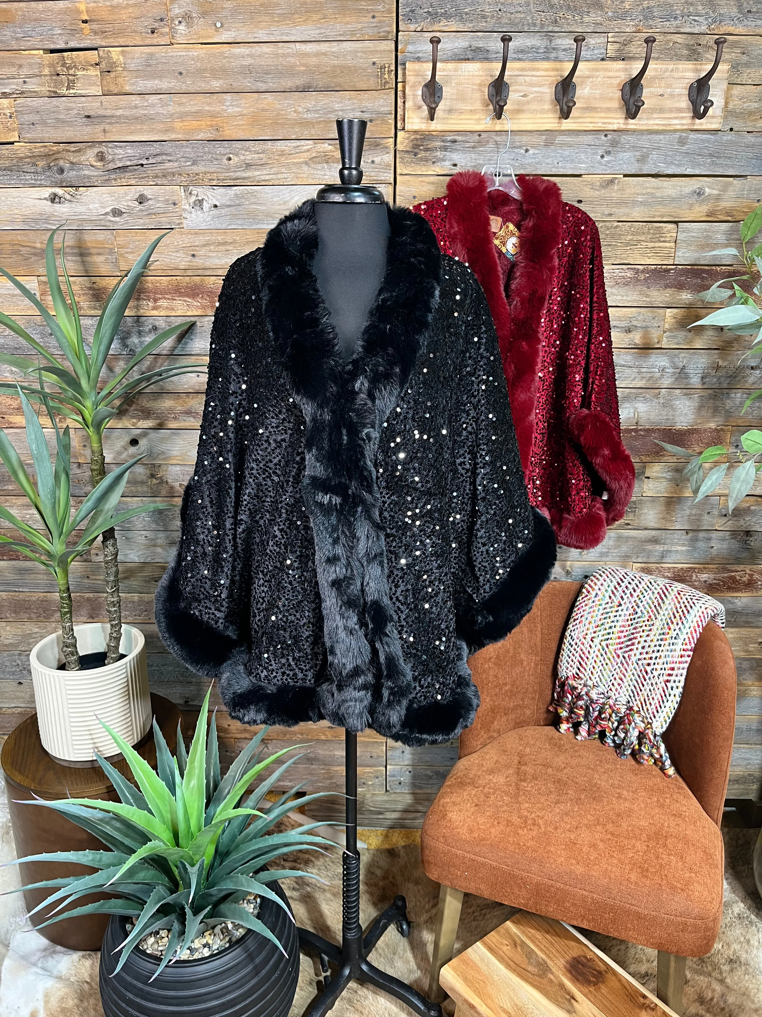 Layla Sequin Faux Fur Trim Cape