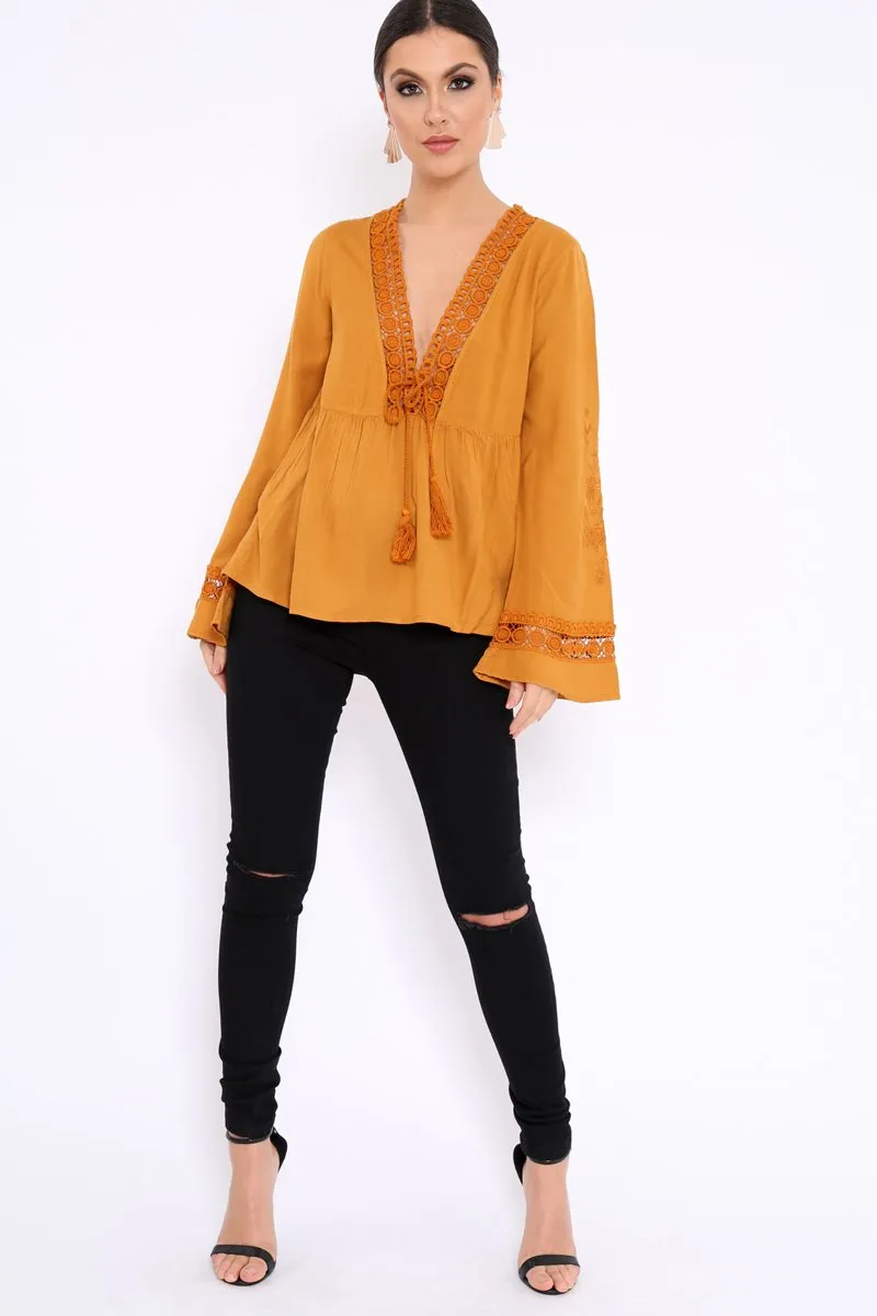 Mustard Crochet Detail Plunge Front Smock Top - Miya